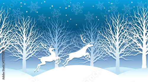 Winter Forest Scene with Jumping Deer Silhouettes Under Snowy Night Sky — Peaceful Christmas Landscape for Holiday Greeting Cards, Seasonal Backgrounds, and Winter Nature Art