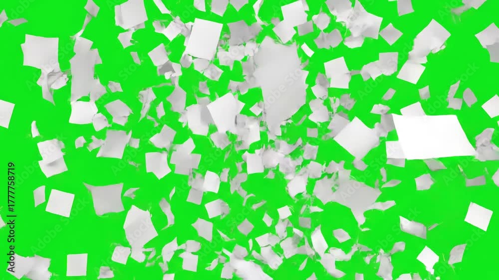 Virtual Paper Storm with flying sheets of white swirling in the air a whirlwind scatter documents or empty blanks mess office throwing paperwork on greenscreen 3d render alpha channel distortion
