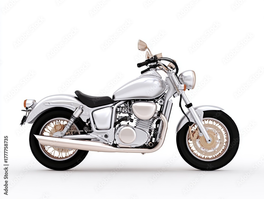 Fototapeta premium Isolated on White Background A sleek silver motorcycle showcasing modern design and engineering.
