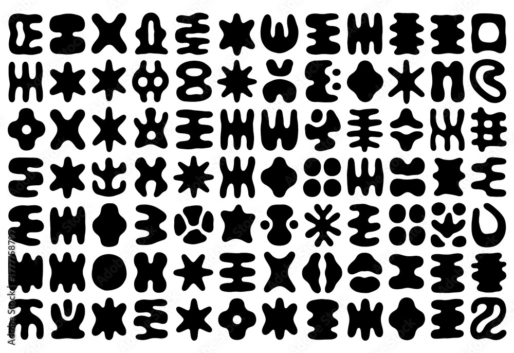 Fototapeta premium Collection of diverse black abstract organic shapes and symbols isolated on a transparent background