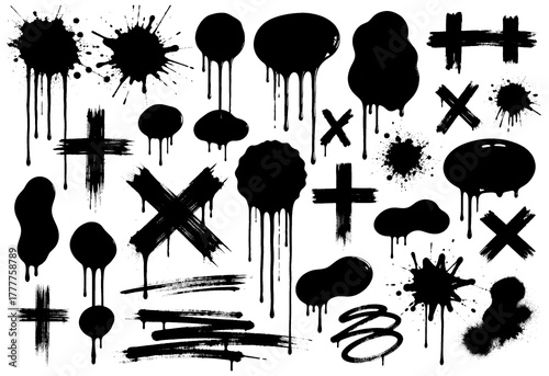 Collection of black ink splatters drips and brush strokes on white background isolated on a transparent background