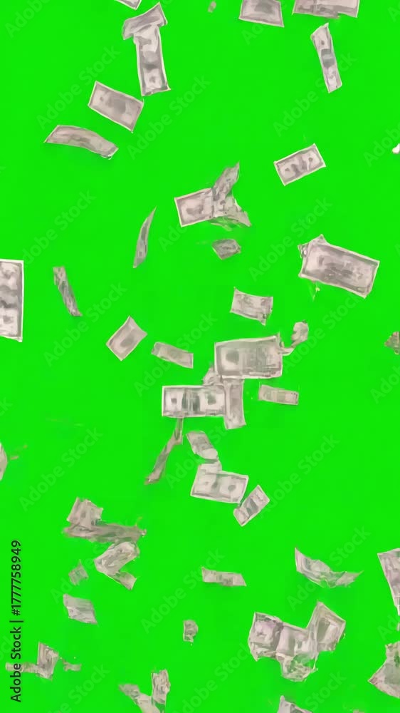Symbol of Abundance with money explosions green screen falling distortion, overlay, glitch, static noise, scan lines on black background, 4k animated video loop