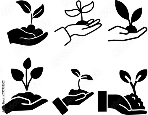 A collection of six icons, in both solid and outline styles, depicting a human hand holding a small plant seedling with soil.