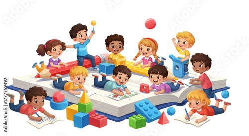 Happy kids learning and playing together cartoon illustration, creative classroom education concept, children drawing and studying outdoors vector art