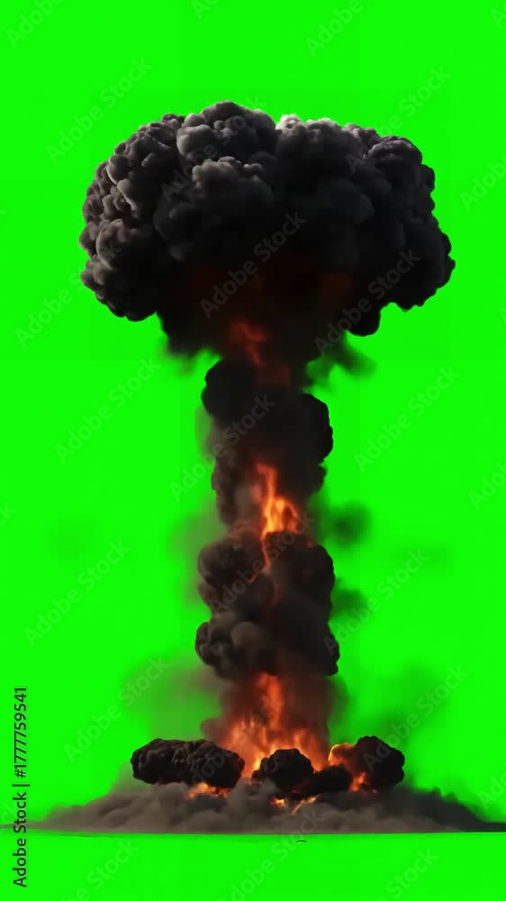 Apocalyptic Atmosphere Element with motion animation of atomic bomb explosion on green screen background nuclear fire mushroom cloud in world war apocalypse armageddon effect ready to chroma key
