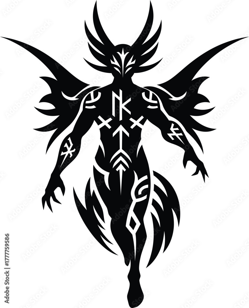 Obraz premium Tribal style demon warrior with wings and horns isolated on white background