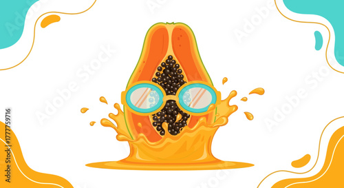Papaya Fruit With Swimming Goggles With A Splash Of Juice Ready For Summer Fun