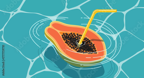 Papaya Slice Floating In Water With a Yellow Straw, Summer Refreshment Visual