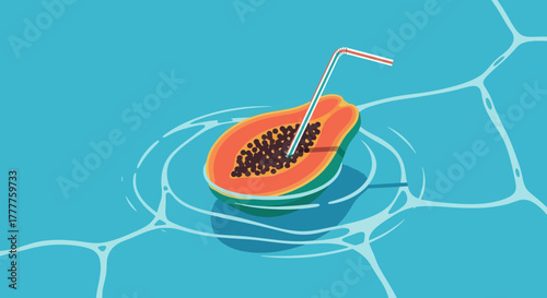 Papaya Slice With a Straw Floating in Water, Refreshing Tropical Vibe Illustration