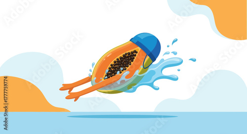 Papaya Swimmer With a Swimming Cap is Jumping Into The Water Making a Splash