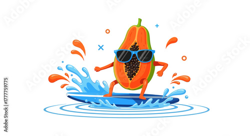 Papaya Surfing In The Ocean Waves With Sunglasses On A White Background