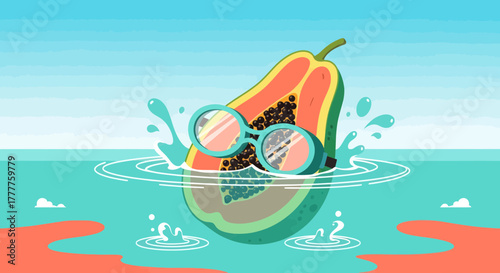 Papaya Swimming In The Ocean Enjoying Summer Holiday With Blue Goggles And Water Splash