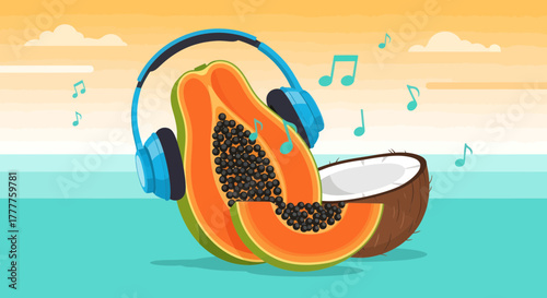 Papaya With Headphones, Coconut, and Musical Notes, Creating a Tropical Vibe