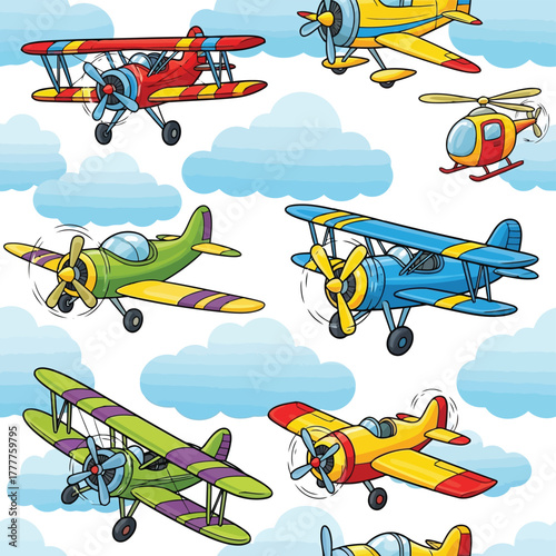 Whimsical aviation adventure with a seamless pattern of colorful cartoon airplanes, biplanes, and helicopters in a cloudy sky