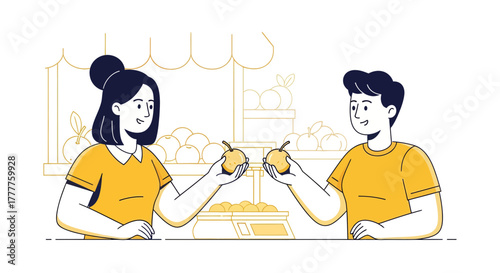 People Evaluating Fresh Fruit Harvest At A Farmers Market Together And Purchasing