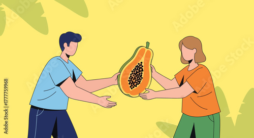 People Exchanging a Giant Papaya in a Scene of Freshness and Natural Bounty