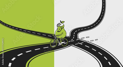 Pear-Shaped Cyclist Navigating Road Choices Symbolizing Decisions and Directions Ahead