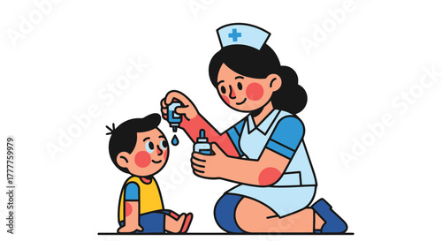Pediatric Nurse Administering Eye Drops to a Child in a Medical Cartoon Illustration