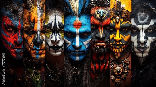 vibrant tribal face paint and cultural costumes of diverse indigenous women and men in artistic close-up portraits
