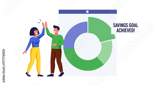 People Celebrating Savings Achievement Next To Successful Financial Chart Display