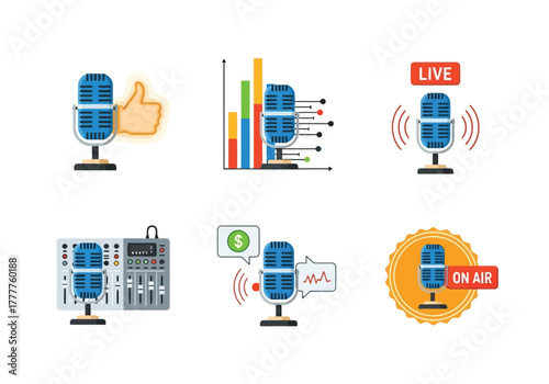 Set of podcast icons featuring microphones, audio equipment, and broadcasting symbols for online media content creation and audio production
