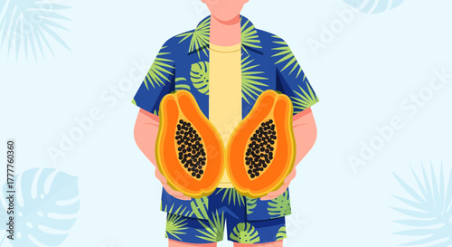 Person Holding Papaya Halves and Wearing Hawaiian Outfit With Vibrant Tropical Theme