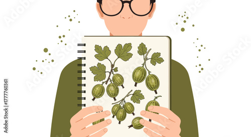 Person Holding Notebook With Botanical Drawing Of Green Gooseberries And Leaves