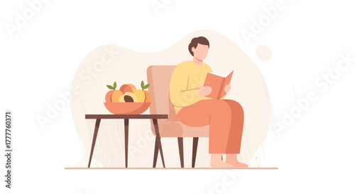 Person Reading a Book in a Cozy Room With Fruits and a Chair Minimalist Illustration Design