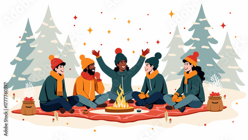 Group in winter picnic sitting around campfire with hot drinks and cozy clothes in snowy pine forest, friendly winter atmosphere