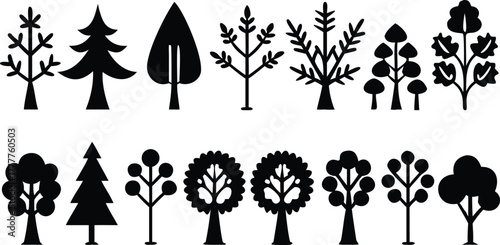 Collection of stylized black silhouettes of various pine and deciduous trees
