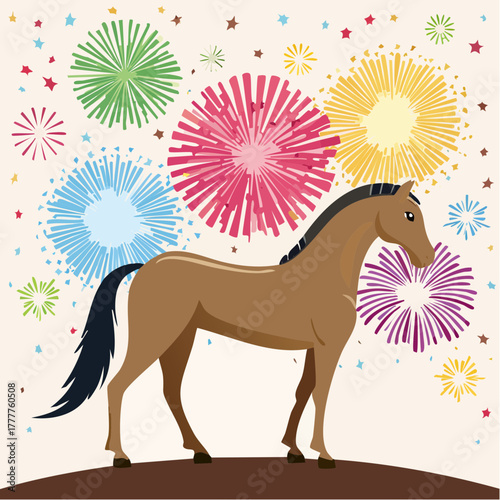 Majestic Horse Silhouette Amidst a Vibrant Burst of Festive Fireworks