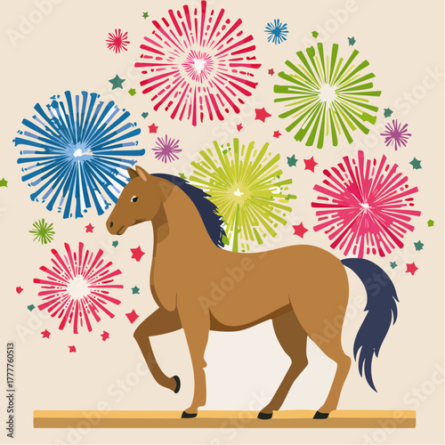 Festive horse illustration with colorful fireworks display against a light background