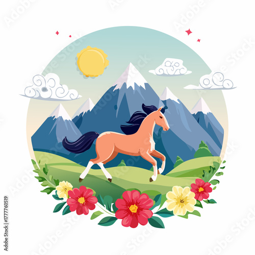 Charming vector illustration of a graceful horse prancing through a scenic mountain valley on a sunny day