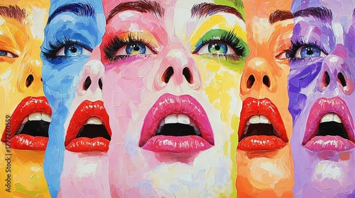 vibrant pop art portrait of multicolored woman with expressive makeup and watercolor effect