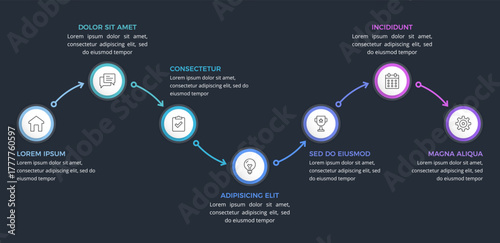 Business workflow infographic template with seven steps connected by arrows, dark background
