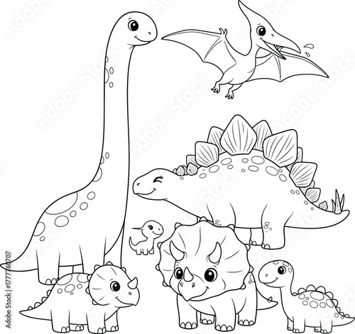 Collection of cartoon dinosaur illustrations in black and white isolated on white background