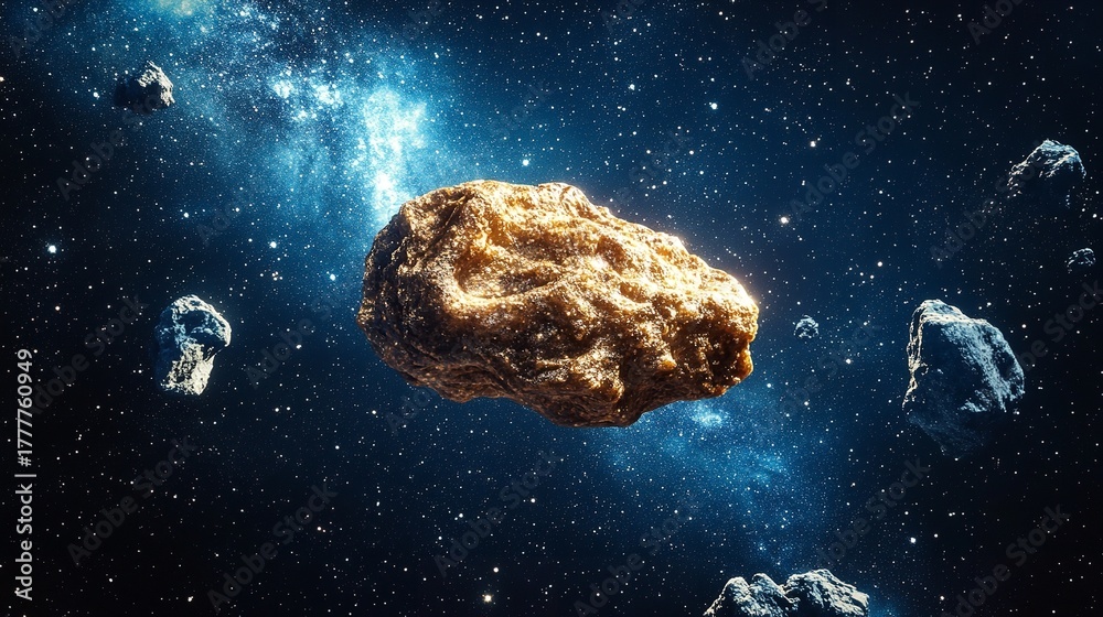 Fototapeta premium A large asteroid floats in the vast expanse of space, surrounded by stars and distant galaxies