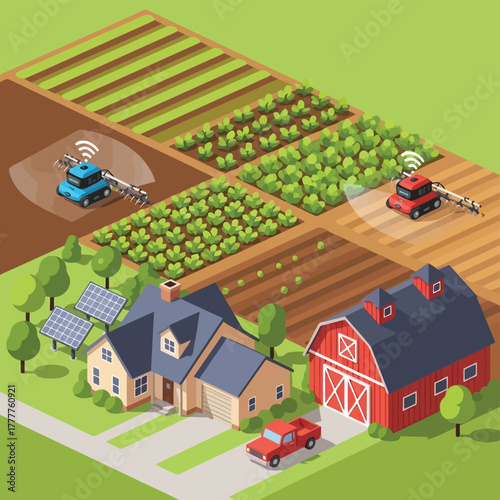 Smart Farming Isometric Illustration High-Tech Agriculture with Solar Panels and Automated Tractors