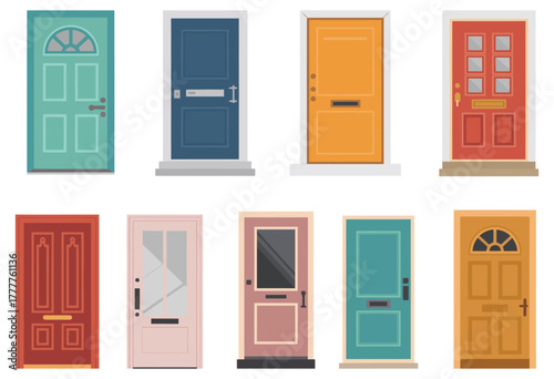 Open and Closed Door Vector Set,  Cartoon entrance and exit doors with handles and frames, perfect for home architecture, interior, and exterior design concepts.