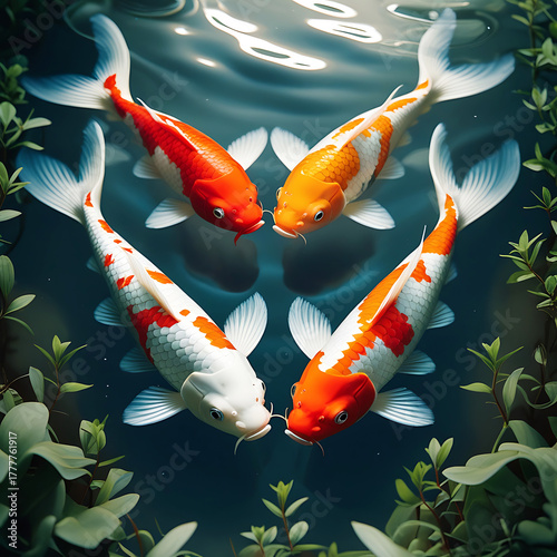 Four Colorful Koi Fish Swim in a Pond Surrounded by Greenery carp swimming