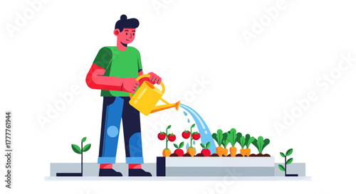 Person Watering Garden Bed of Carrots and Tomatoes with a Yellow Watering Can