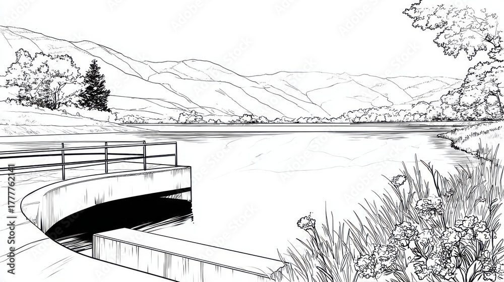 Fototapeta premium Serene Lake Landscape with Mountains and Vegetation in Black and White