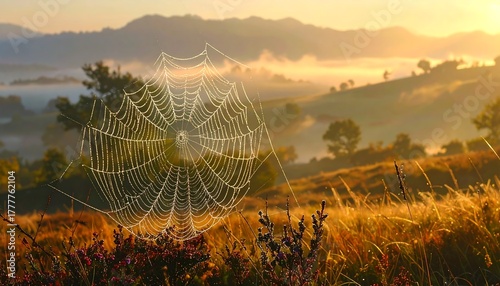 A dewy spiderweb glistens in the golden light of sunrise over rolling hills and valleys shrouded in morning fog