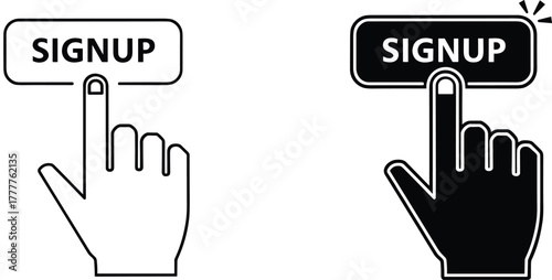 Signup button press vector, black and white UI icon, hand clicking symbol, user interface interaction graphic, digital access illustration, web design element
