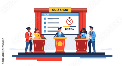 Quiz Show Contestants Answer Questions Amidst Clock Countdown and Anticipation