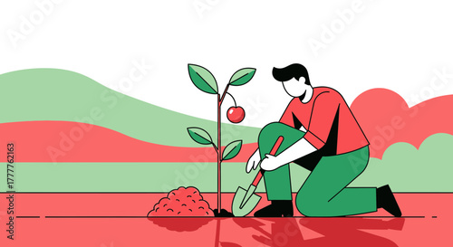 Planting A Fruitful Sapling: Man Cultivating New Life In An Illustrated Landscape
