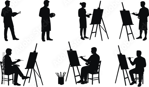 Silhouette, artist, painting, easel, brush, canvas, creativity, studio, teamwork, sitting, standing, palette, art, posture, painter, sketch, illustration, black, figure, activity