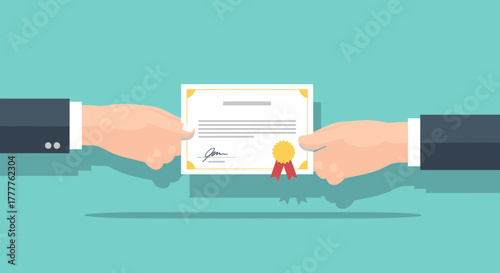 Hands exchanging certificate document representing achievement and success in business.
