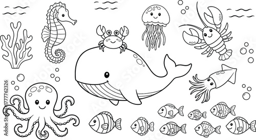 Cute cartoon ocean animals and sea creatures illustration isolated on white background