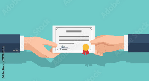Hands exchanging certificate document representing achievement and success in business.
